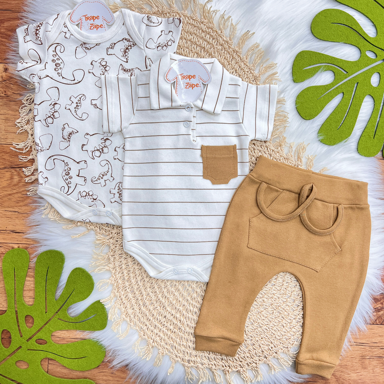 Conj. de Malha 3 peças - Dinos - Off White e Caramelo